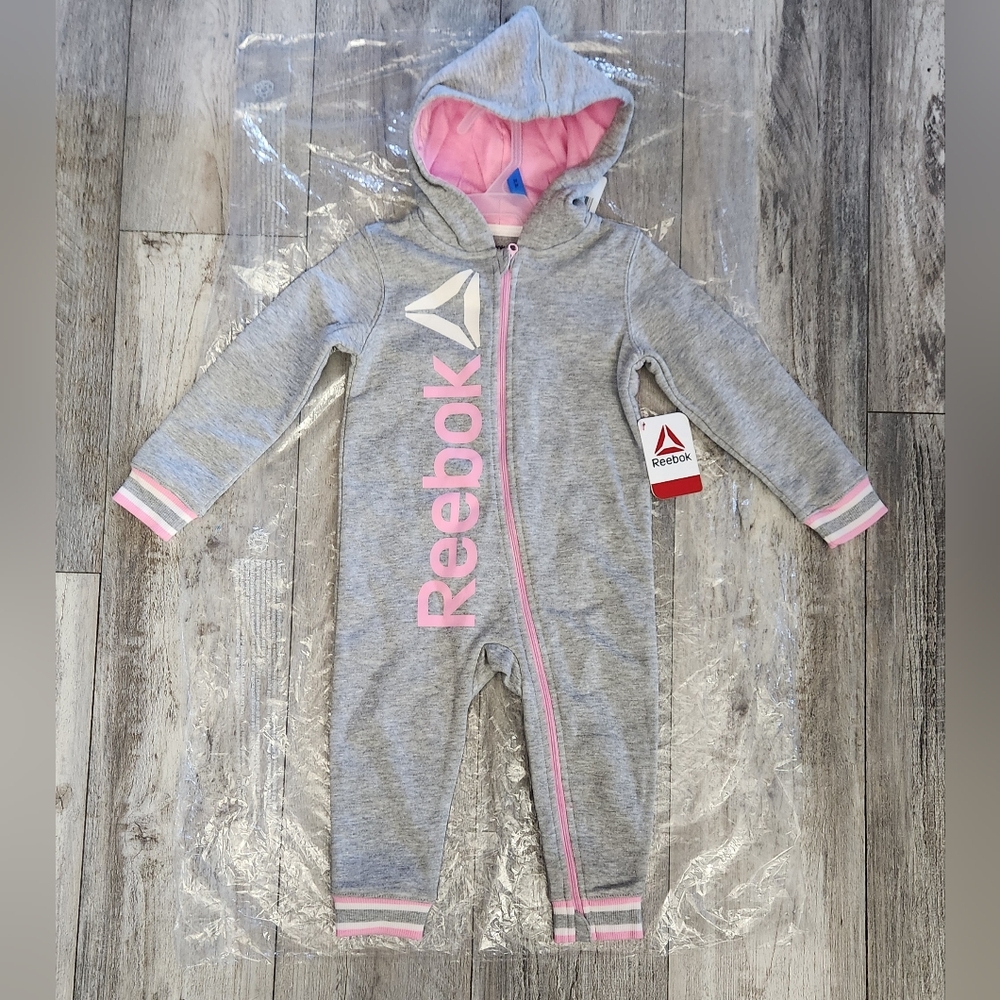 Reebok Baby Girl Long Sleeve Hooded Romper- Grey Heather